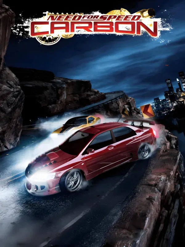 Nfs carbon PC game featuring a high-performance sports car racing through the streets of Fairhaven during an intense street racing and police pursuit sequence.